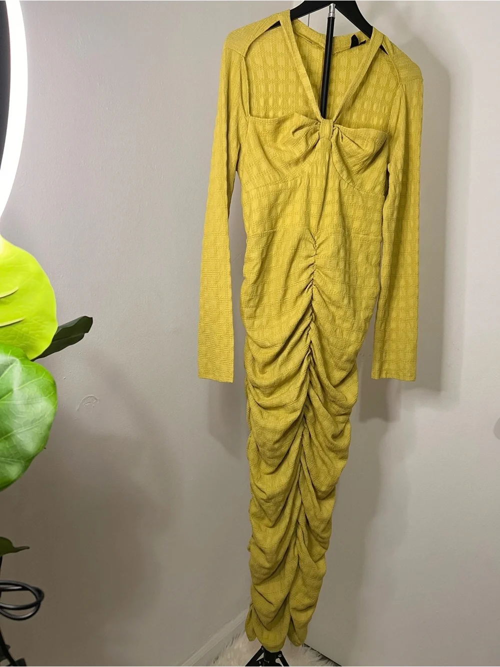 Chartreuse Ruched Bodycon Midi Dress | Long Sleeve Cutout Statement Dress - Picture 2 of 4